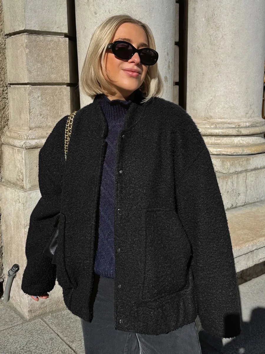 Bornladies Women's Autumn Winter Boucle Coat Loose Stand Collar Woolen Jacket Elegant Casual Outerwear