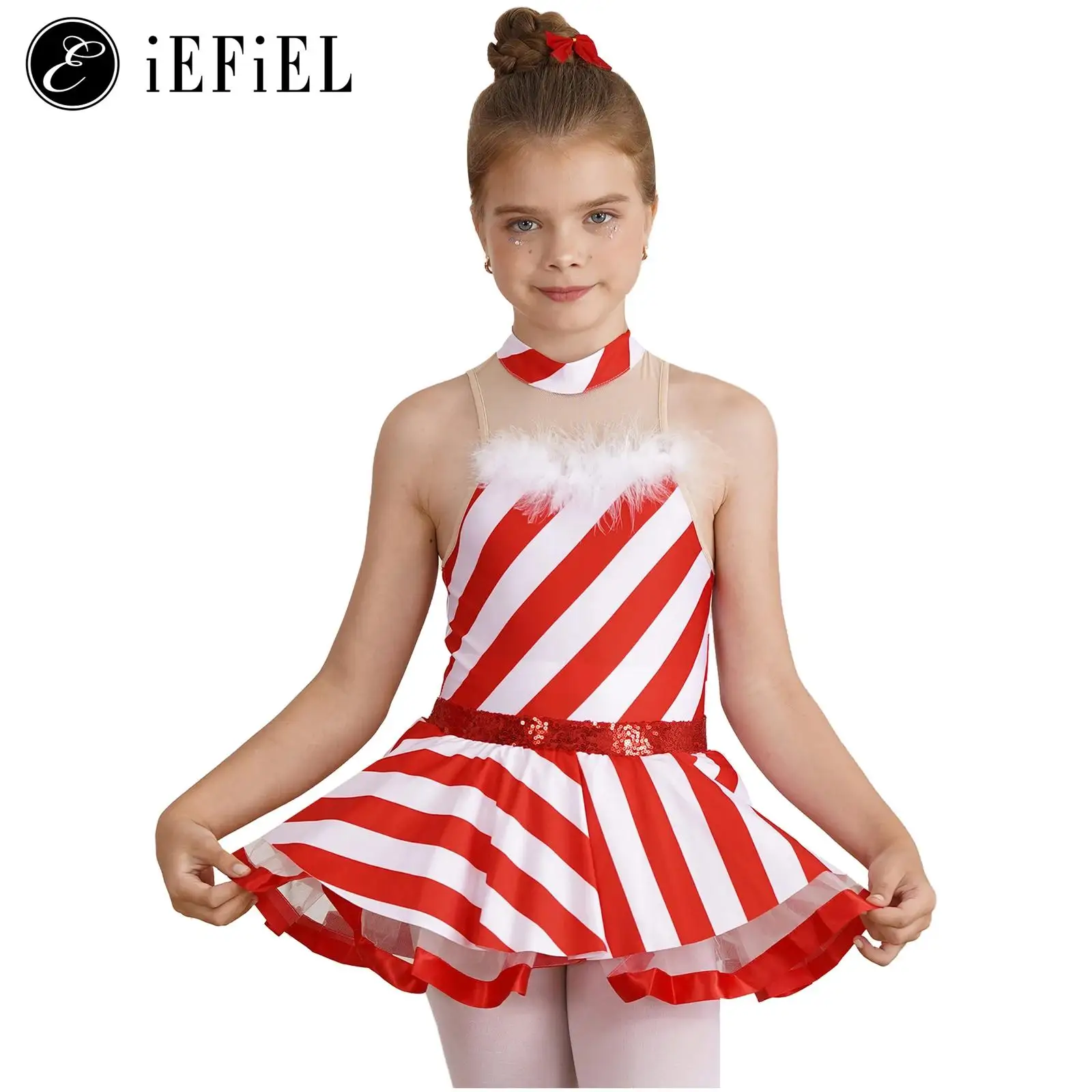 

Kids Girls Candy Cane Christmas Mrs Santa Claus Costume Sleeveless Dance Figure Ice Skating Tutu Dress Leotard Xmas Dancewear