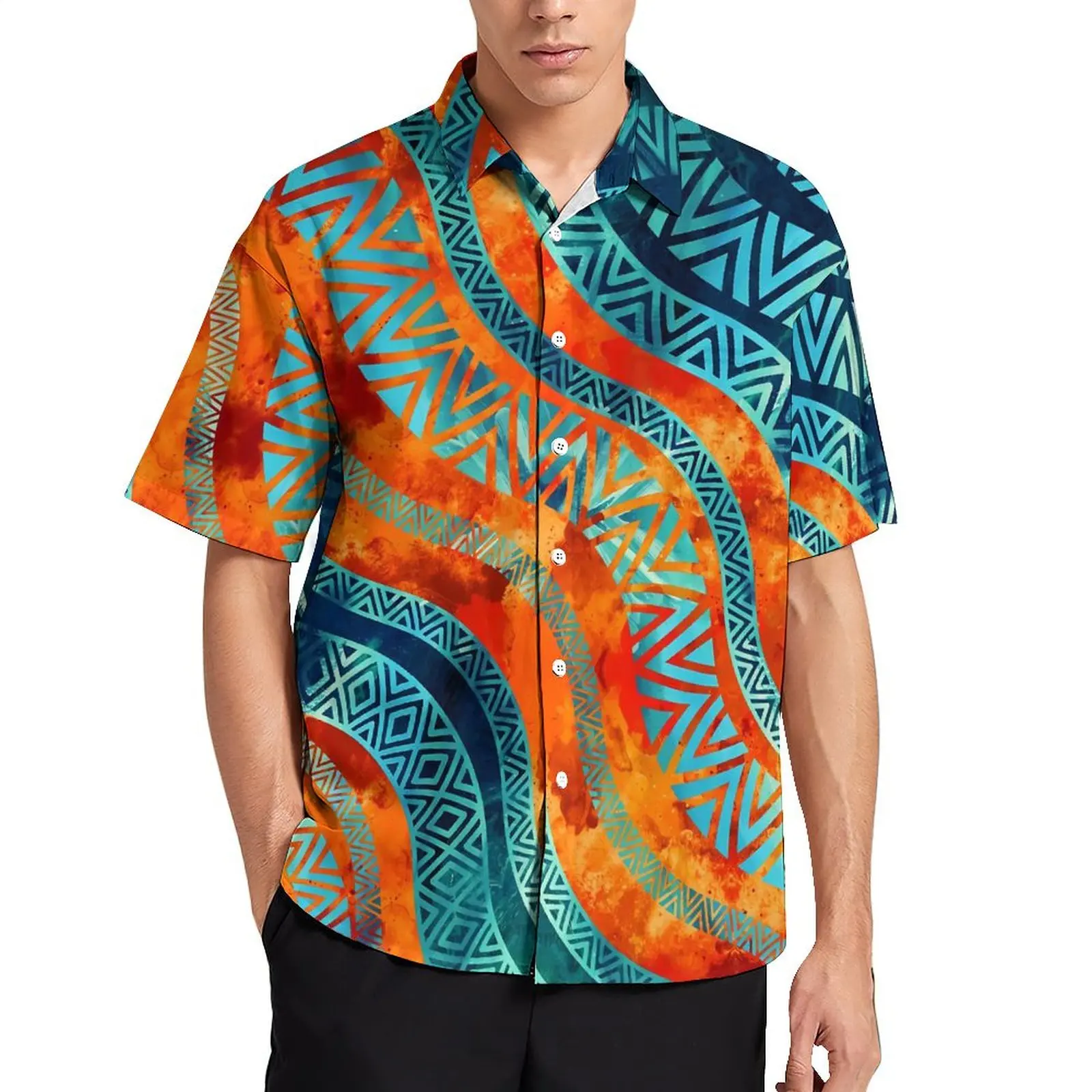 

Wavy Tribal Ethnic Summer Shirt For Men Vacation Boho Vintage Print Casual Shirts Short Sleeve Fashion Trendy Plus Size Blouses