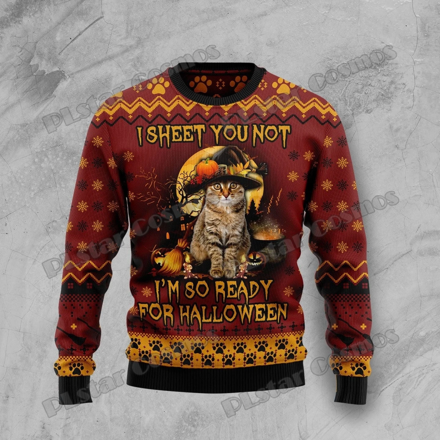 PLstar Cosmos Cat Ready For Halloween 3D Printed Men's Ugly Christmas Sweater Winter Unisex Casual Knit Pullover Sweater ZZM25