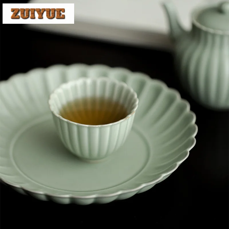 2pc/set Bean Green Glaze Handmade Master Cup Household Chrysanthemum Petal Teacup Retro Mug Meditation Cup Tableware 50ml
