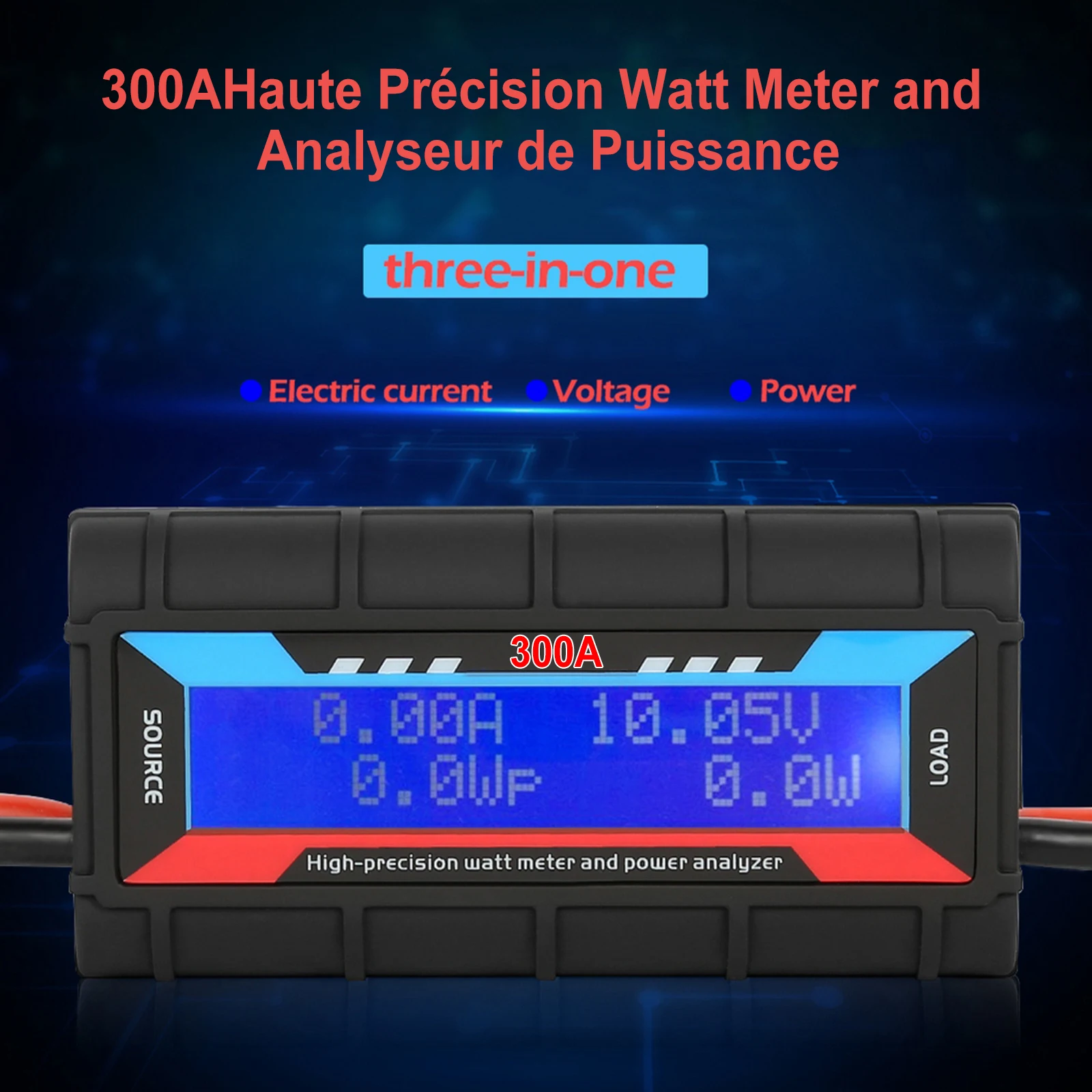 Connexions de l'analyseur de puissance RC 300A, wattmètre haute précision avec câbles et connecteurs.