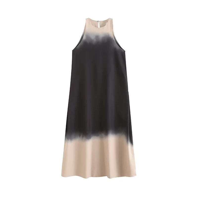 

Maxdutti Midi Dress Women 2024 Summer French Style Casual Party Fashion Ladies Vintage Gradient Print Tank Dress