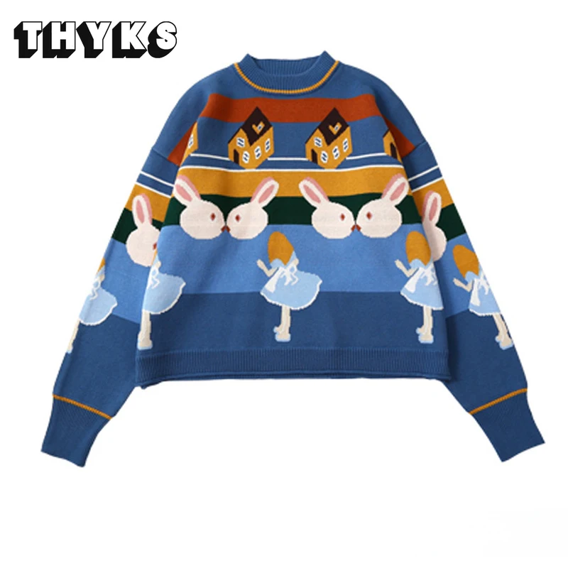 

2024 Personalized Women's Sweaters O-neck Childlike Retro Illustration Alice Loose Knitted Pullovers High Quality Trendy Jumpers