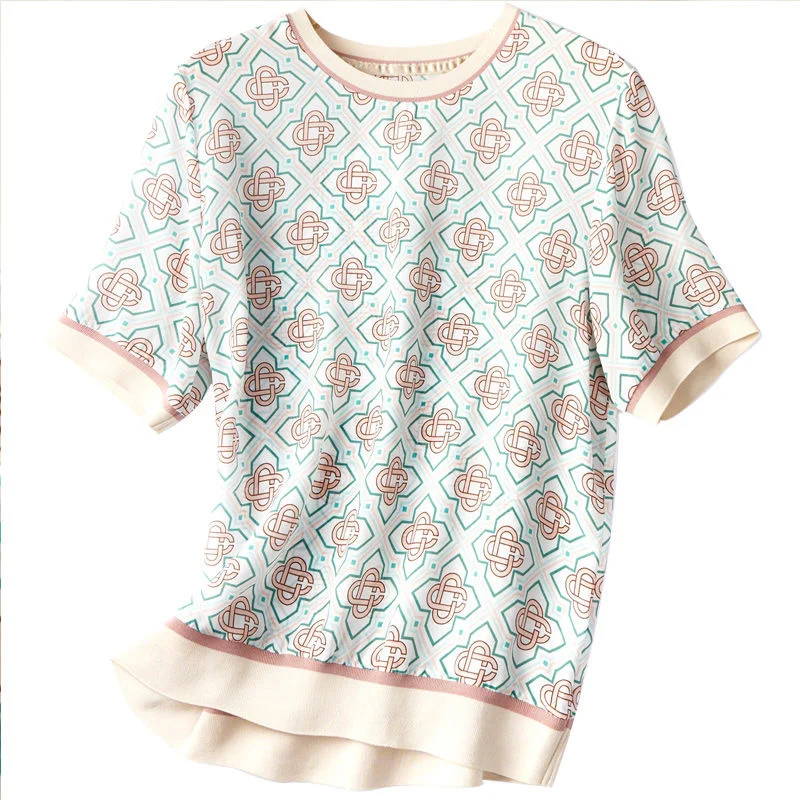 Women\'s Jacquard Knitted T Shirt Summer Ice Silk Short Sleeve O Neck Pullover Tops Korean Oversized Loose Tshirt Femme