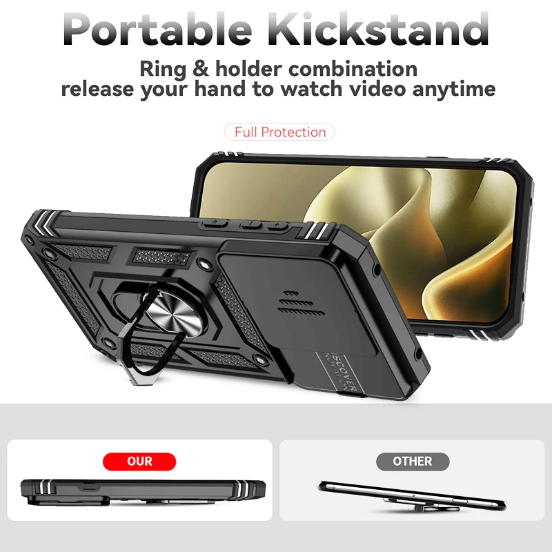 Matte Finish Stand Ring Case with Slide Camera Protector and Military-Grade Durability