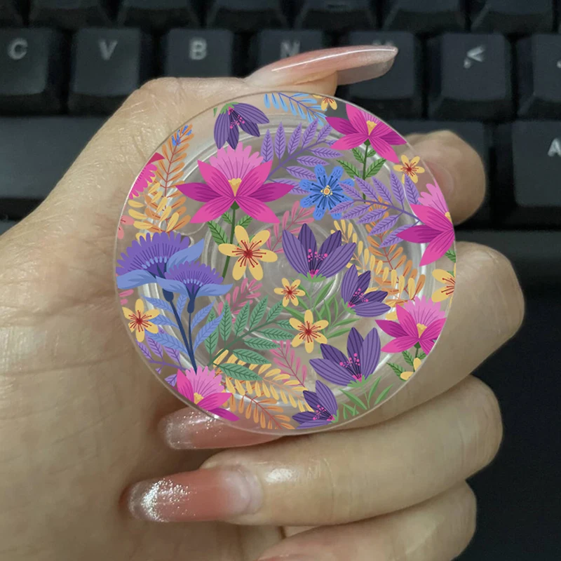 Korean Floral Acrylic Transparent Phone Holder - Cute Foldable Socket Grip