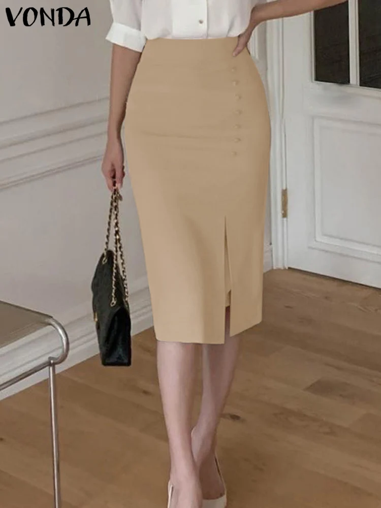 

2023 VONDA Elegant Women Midi Split Skirts Summer Fashion Solid Color Skirts Casual Sexy High Waist Package Hip Bottoms Skirts