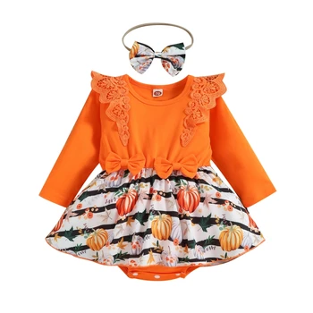 Baywell Baby Girls Halloween Clothes Pumpkin Jumpsuit + Hair Band Set 2 Pcs Toddler Fashion Bodysuit 6-24 Months 5