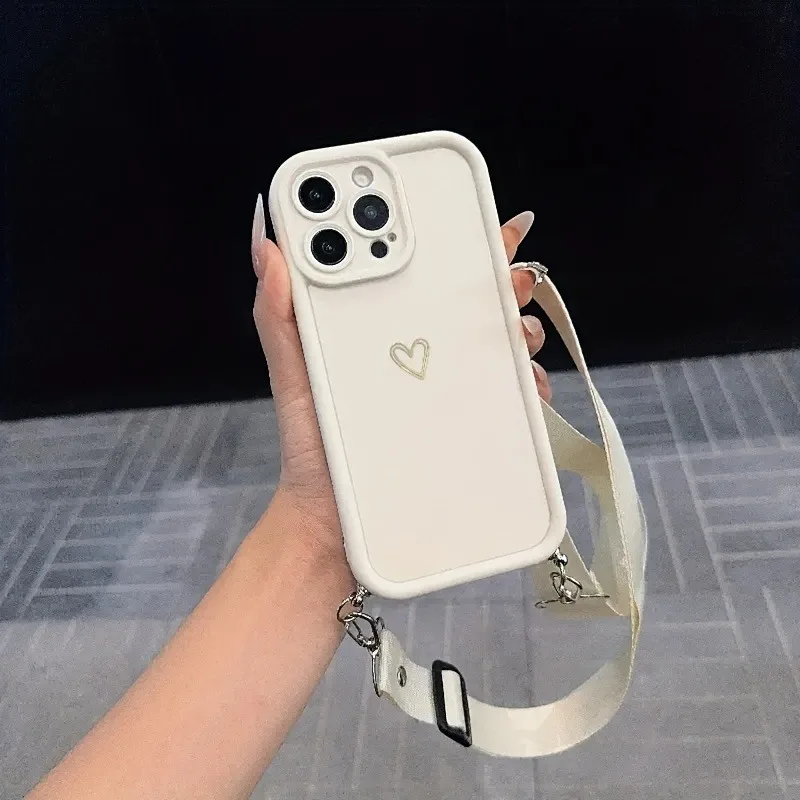 Luxury Gold Heart Phone Case with Adjustable Hanging Rope