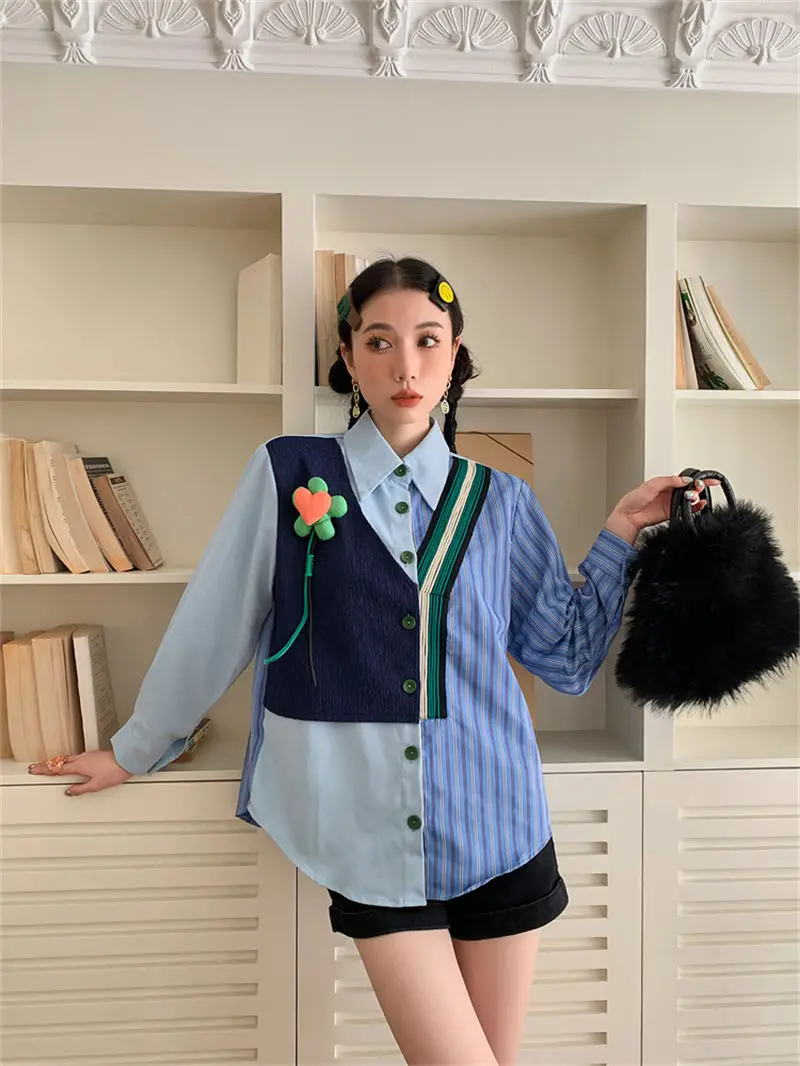 Shirt Splices Fake Two Pieces 3D Flowers Turn Down Blouses Women'S Vintage Loose Chic Female Tops Collar Loose Shirt Spring