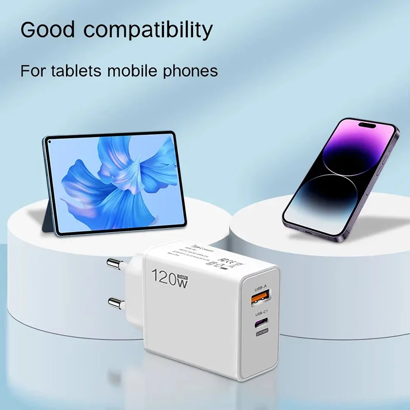 120W Super Fast Charging GaN Head Charger with EU/US/UK Compatibility