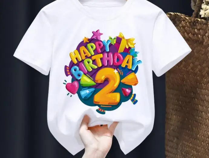 

Happy Birthday 2-9th Print Hot Sale Boys/Girls White T-shirt Kid Summer Harajuku Kawaii Funny Clothes Little Baby Y2K Clothes,