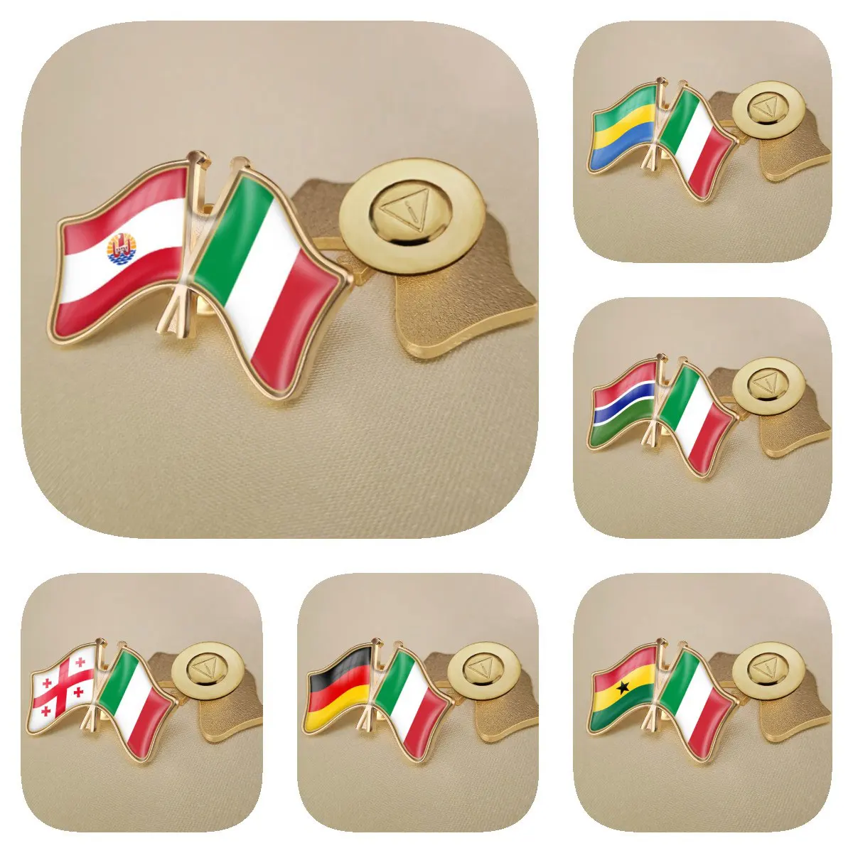 

Italy and French Polynesia Gabon Gambia Georgia Germany Ghana Double Crossed Friendship Flags Brooches Lapel Pins Bradges