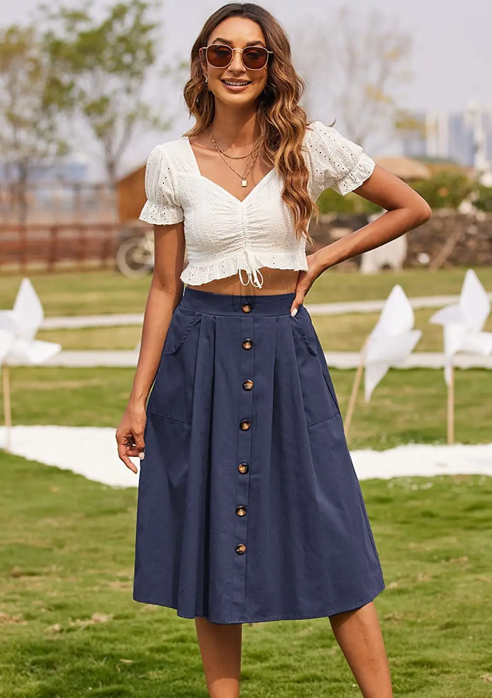 

2023 Summer Skirt Casual Button A-line Skirts High Waist Skirt Women's Pocket Panel Knee Length Solid Color Skirt Faldas Mujer