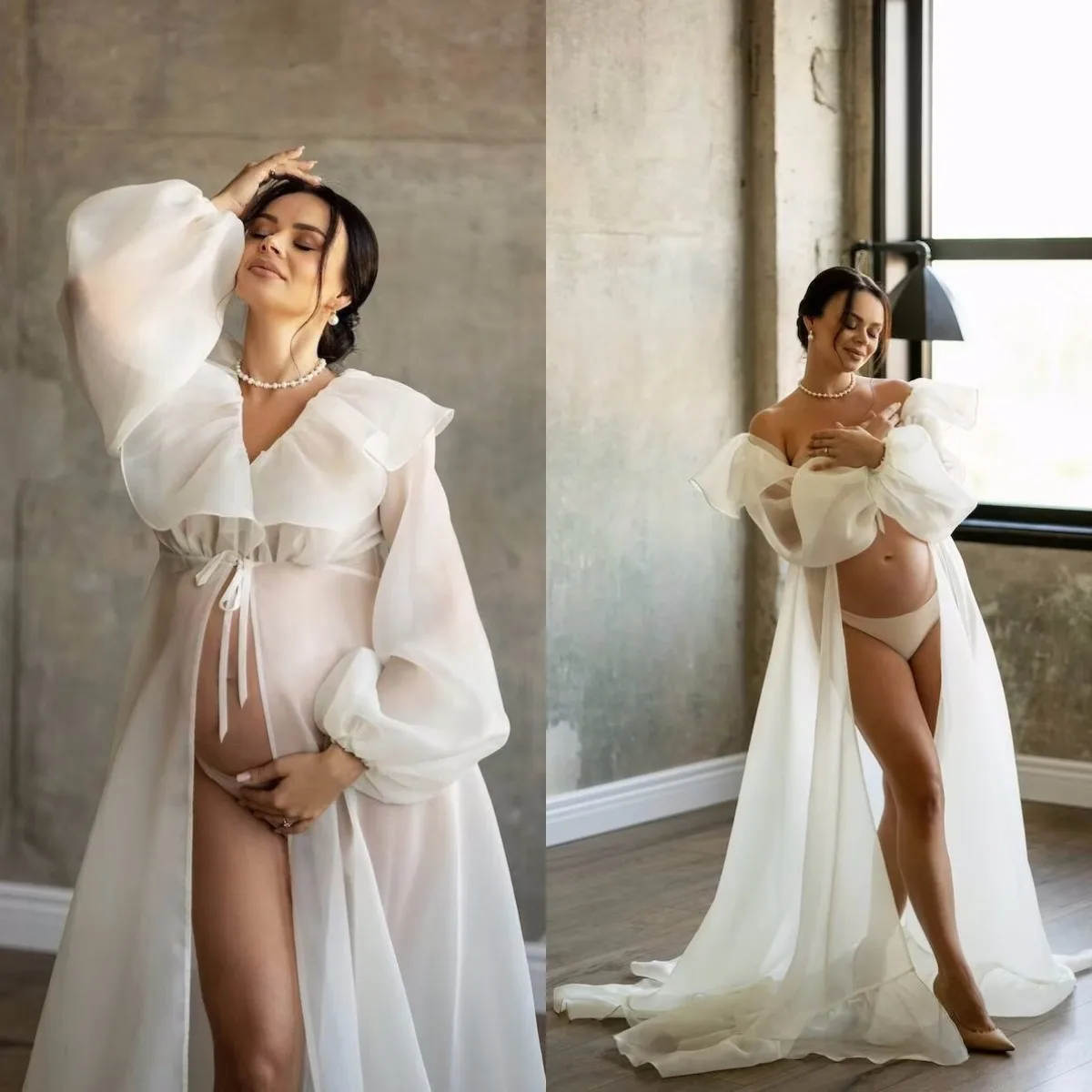 

White Maternity Dress for Photo Shoot Full Sleeves Split Ruched Brush Train Tulle Lace Up Simple