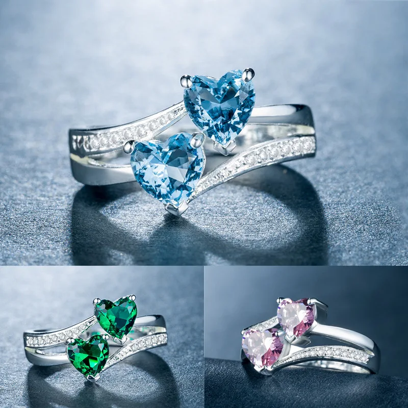 

Women's Zircon Ring Double Heart Gem Plating Platinum Copper Headpiece Wholesale Retro 925 Silver Style Buchian Craftsmansh