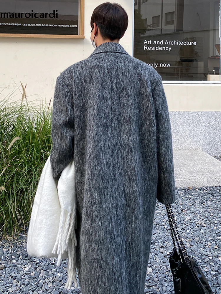 Mauroicardi Autumn Winter Long Gray Oversized Thickened Warm Soft Wool & Blends Coat Men Double Breasted Korean Fashion 2023 2