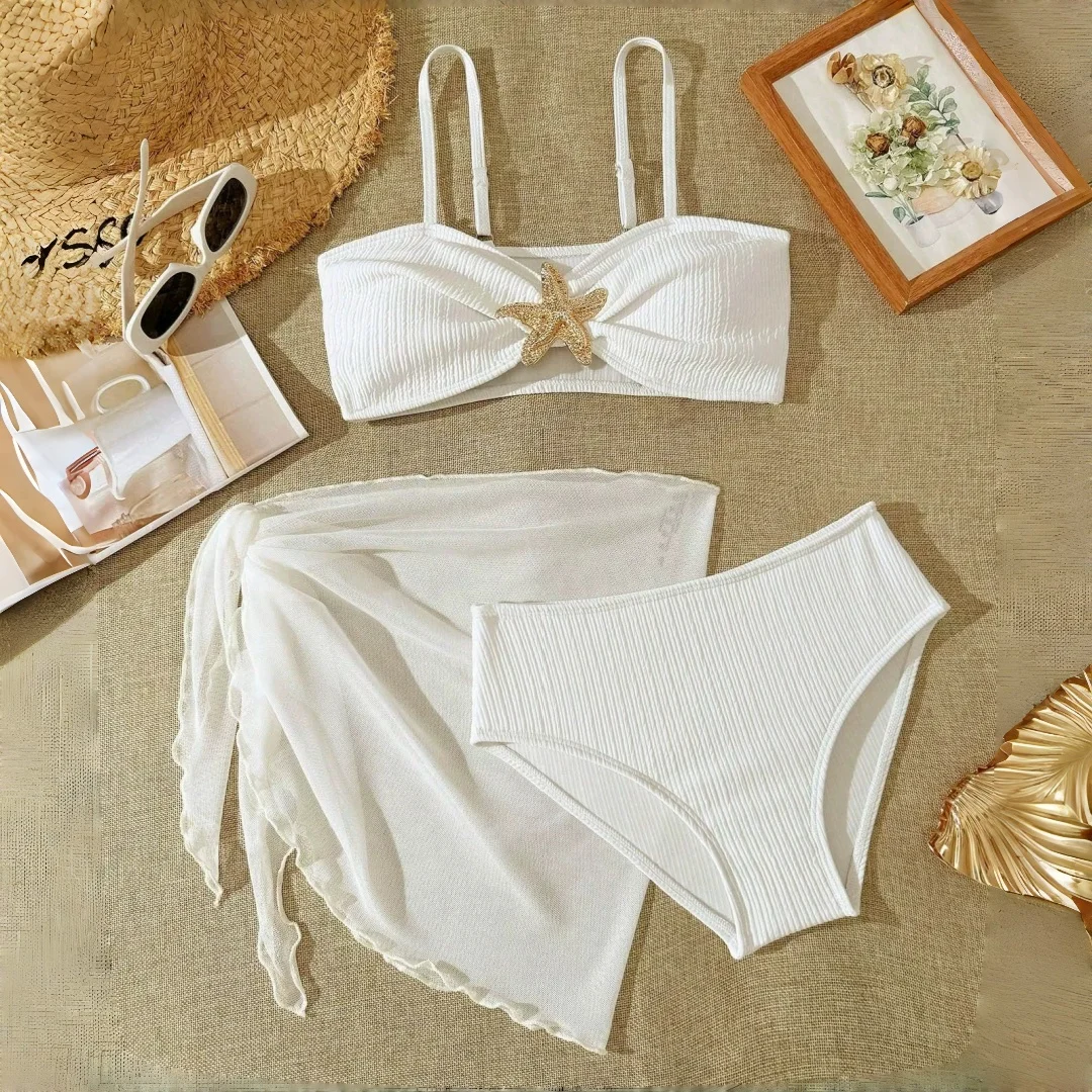 Badeanzug für Teenager-Mädchen, 3-teiliges Bikini-Set, Badeanzug für Mädchen von 7–16 Jahren, dünne Träger, Sommer-Outfits, Strand-Badebekleidung, einfarbig