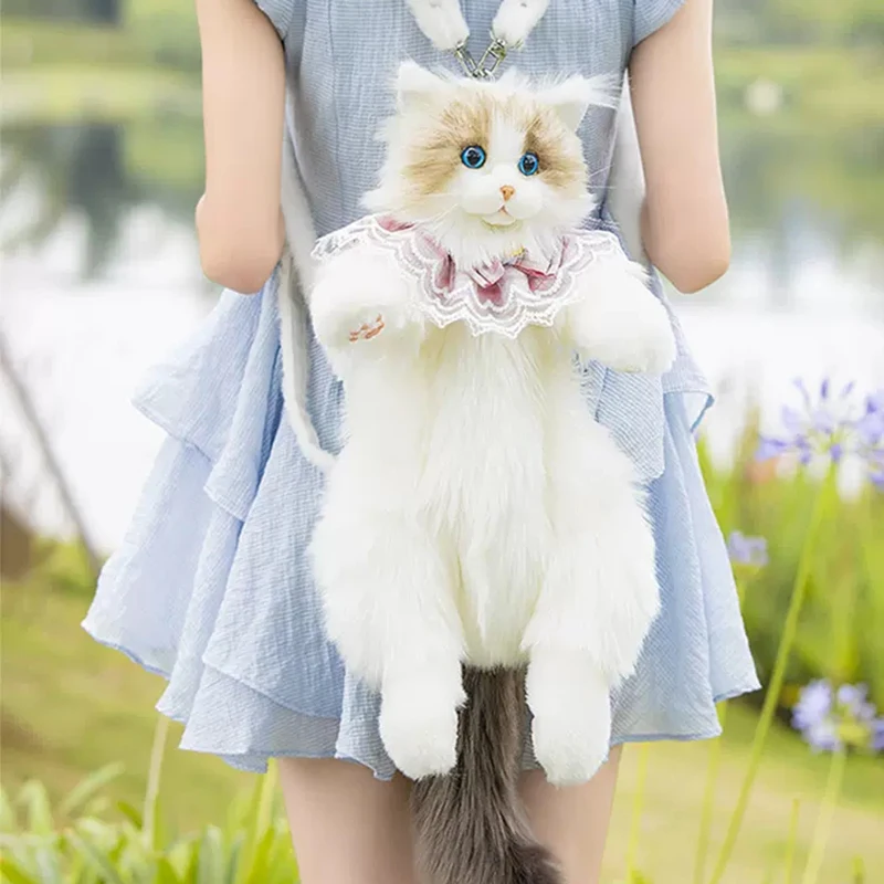 Mochila de gato de felpa de simulación hecha a mano pura, bolsas de gato de muñeca de moda, bolsa de compras de gato, adecuada para regalos de cumpleaños