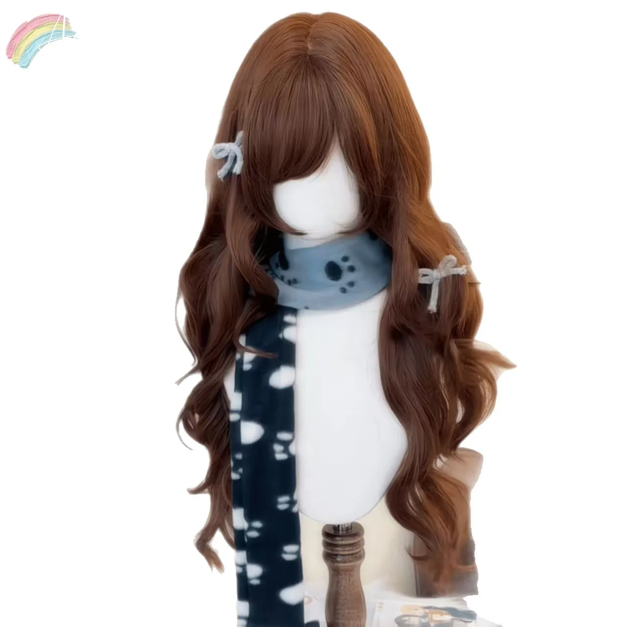 Chocolate Brown Wig with Bangs 24inch Long Wavy Hair Wigs for Women High Quality Cute Lolita Synthetic Wig for Daily Use Cosplay