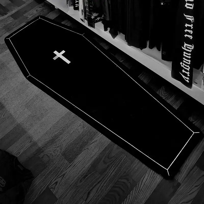 Gothic Coffin Shaped Rug Black Flannel Floor Mat with White Cross