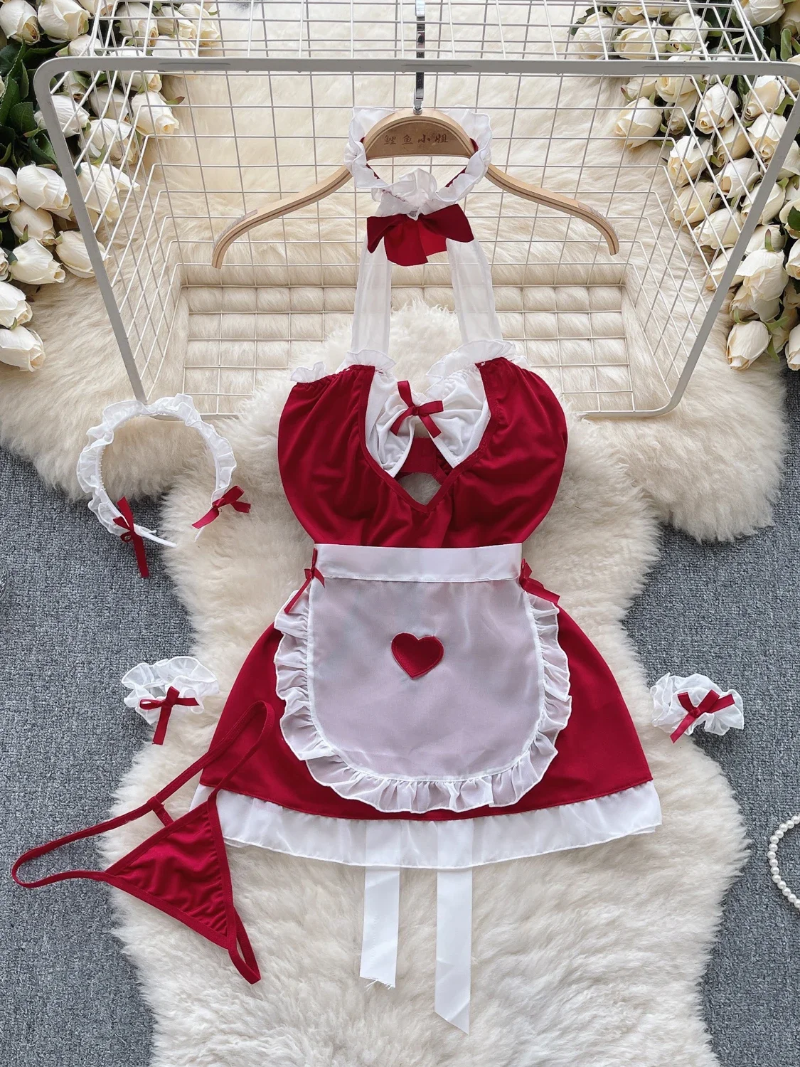 Maidservant Cosplay Erotic Valentine's Day Nightdress Sweet Sexy Dress Suits Halter Hollow Out Porn Nightwear+Thongs princess nightdress