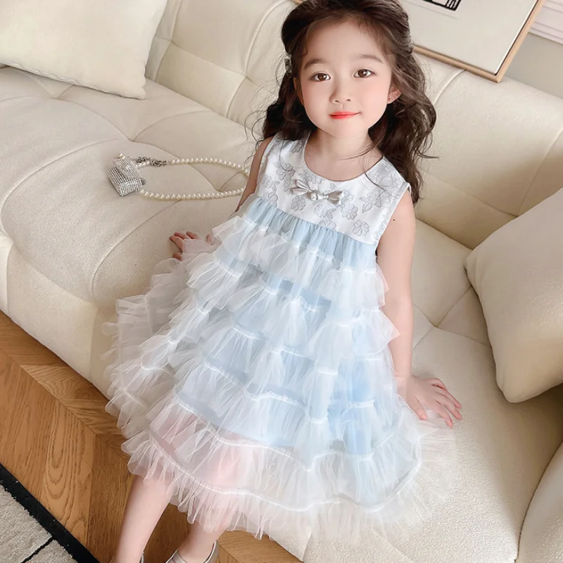 

Платье Сетчатое в китайском стиле для девочек, милое модное лоскутное платье без рукавов с бантом для семейных торжеств