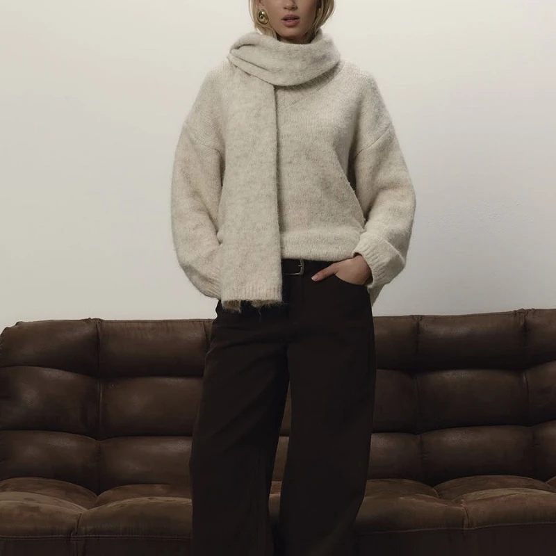 2025 New Soft Loose V Neck Knitted Sweaters Women Winter Solid Female Pullovers & Scarf Warm Basic Knitwear Jumper