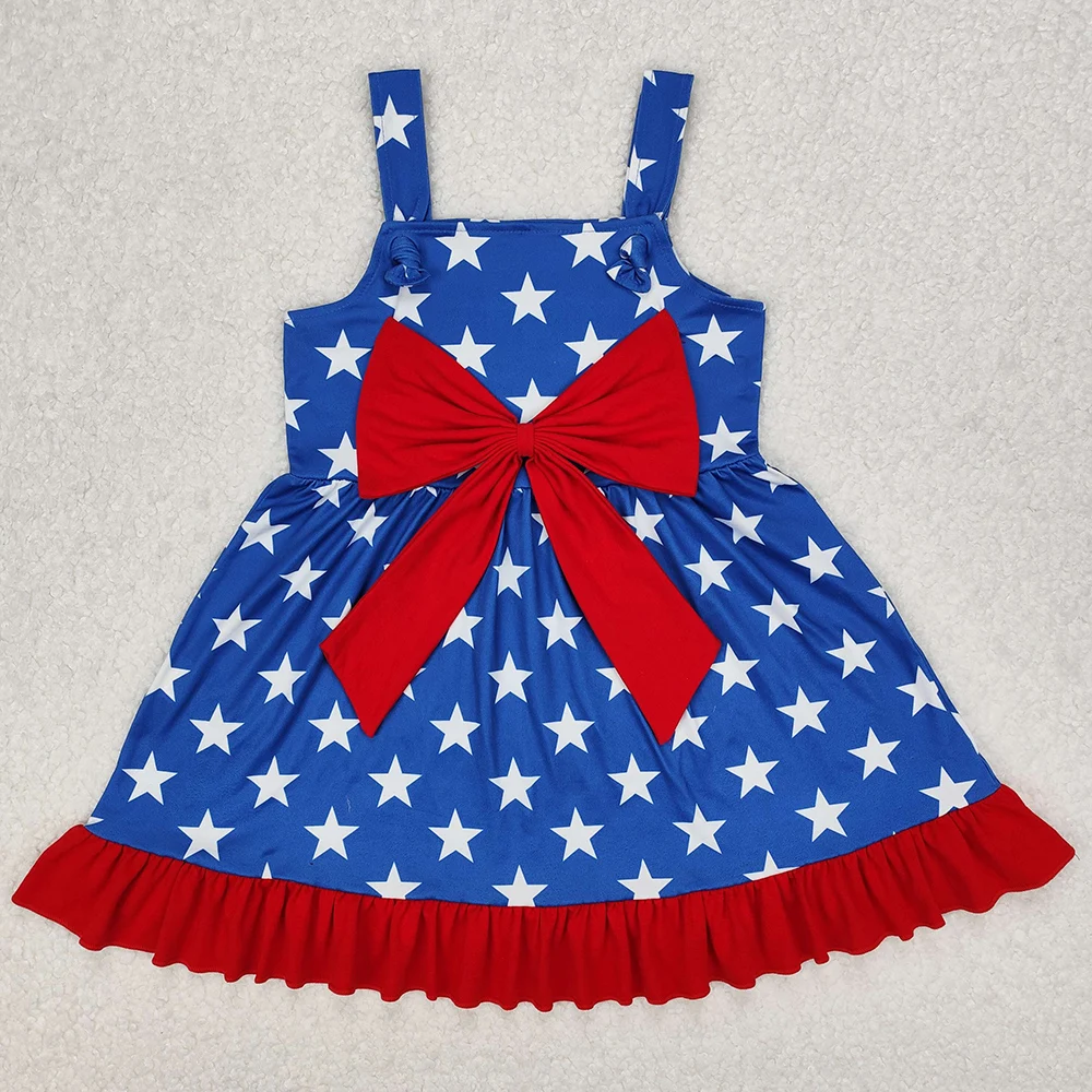 Hot Sale Baby Girls Dress Blue Bows Flag Knee Length Dresses July 4th Boutique Toddler Girls Dress Summer Kids Clothing