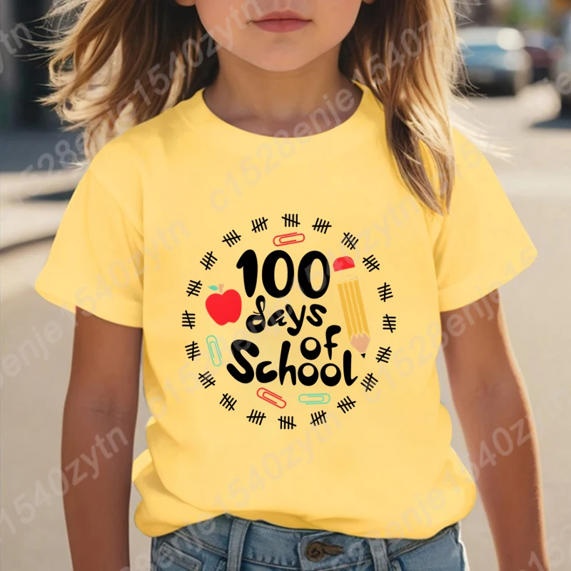100 Days Of School Print T-shirt Summer Fashion Casual Tees Children Girls Short Sleeve Round Neck Tops Pure Color Loose T Shirt 5