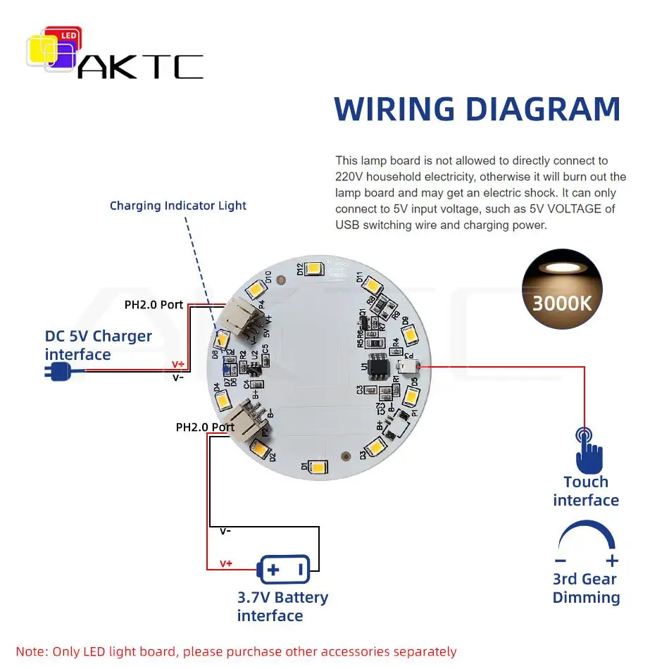 5 Pcs 58mm Round LED Single Color Light Board DC 5V 5W Support Touch Dimming/Charging/Battery Connection PH2.0 Port Welding Free