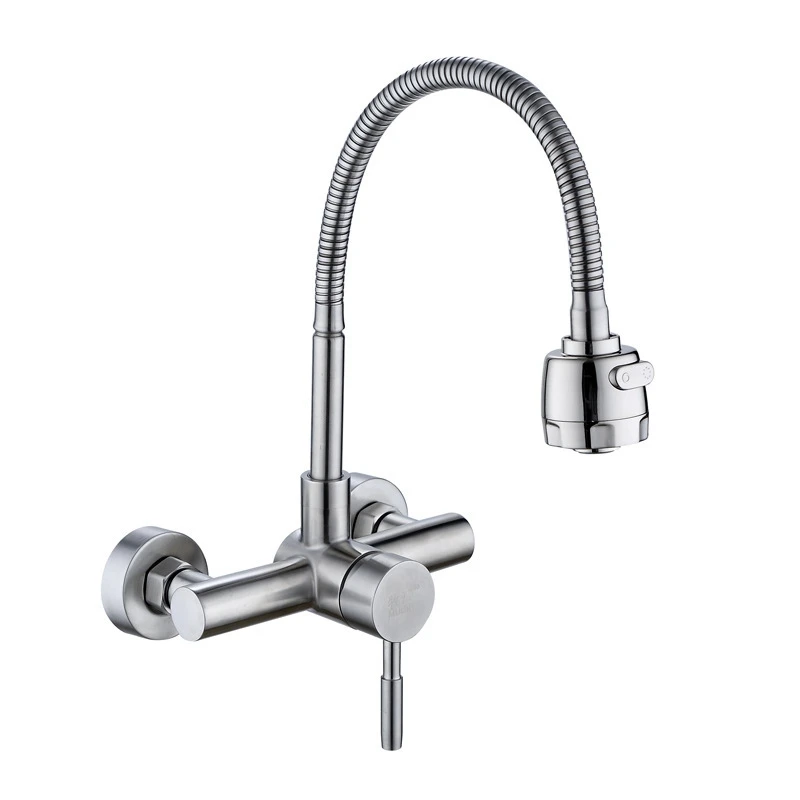 Home Hardware Stainless Steel Brushed Bibcock Ceramic Cartridge Wall-mounted Single Handle Hot and Cold Faucet Kitchen Sink Tap