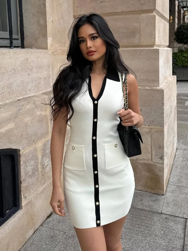 Summer Buttoned Knit Mini Dress Women Sexy V-neck Bodycon Holidays Dress Fashion Sleeveless Elegant Dress Partywear 2024 White