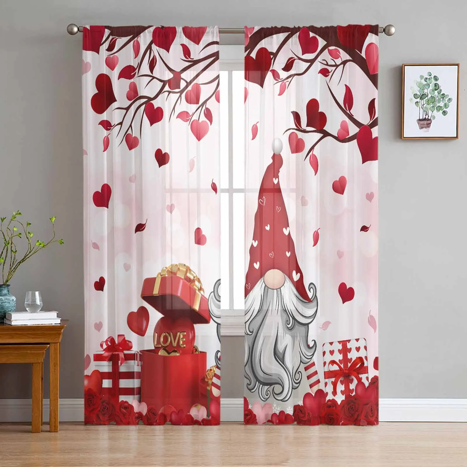 

Valentine'S Day Love Romantic Love Dwarf Gift Sheer Curtains for Living Room Home Decor Tulle Curtain Bedroom Voile Drapes