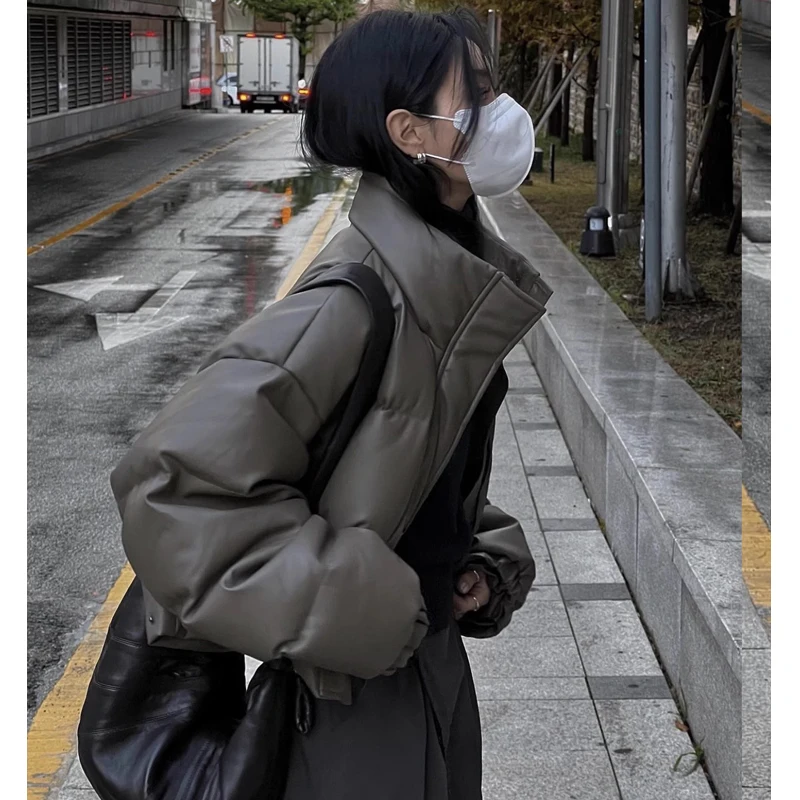 

Korean style short down jacket women winter loose fashionable thickened PU leather sweet cute style bread coat cotton jacket