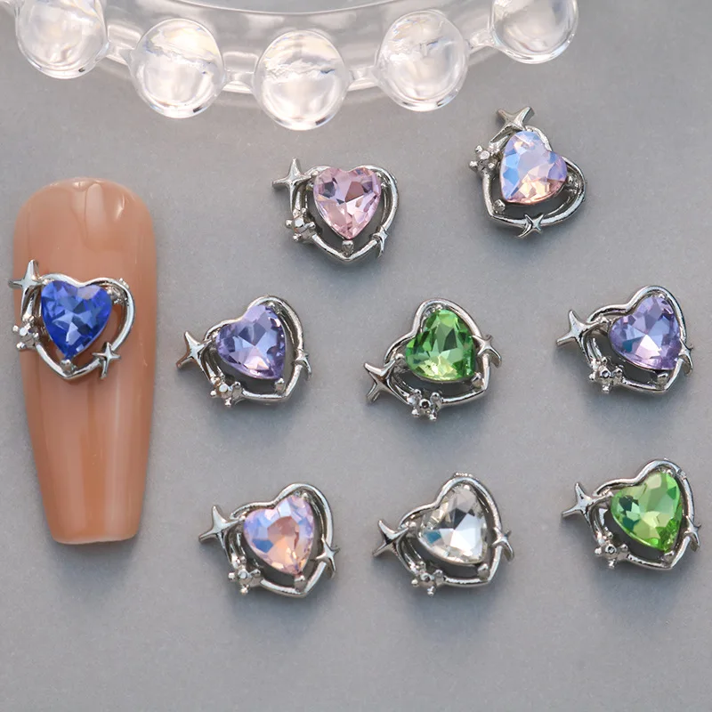 10PCS 3D 럭셔리 합금 하트 스타 네일 아트 라인 석 매력 별빛 쥬얼리 액세서리 부품 반짝이 손톱 장식 용품