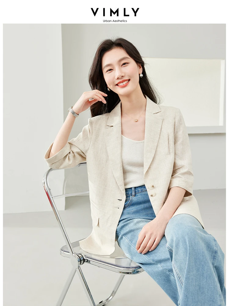 Vimly Apricot Linen Single Breasted Straight Suit Jacket 2024 Spring New Casual Office Lady Three Quarter Sleeve Blazers M6229