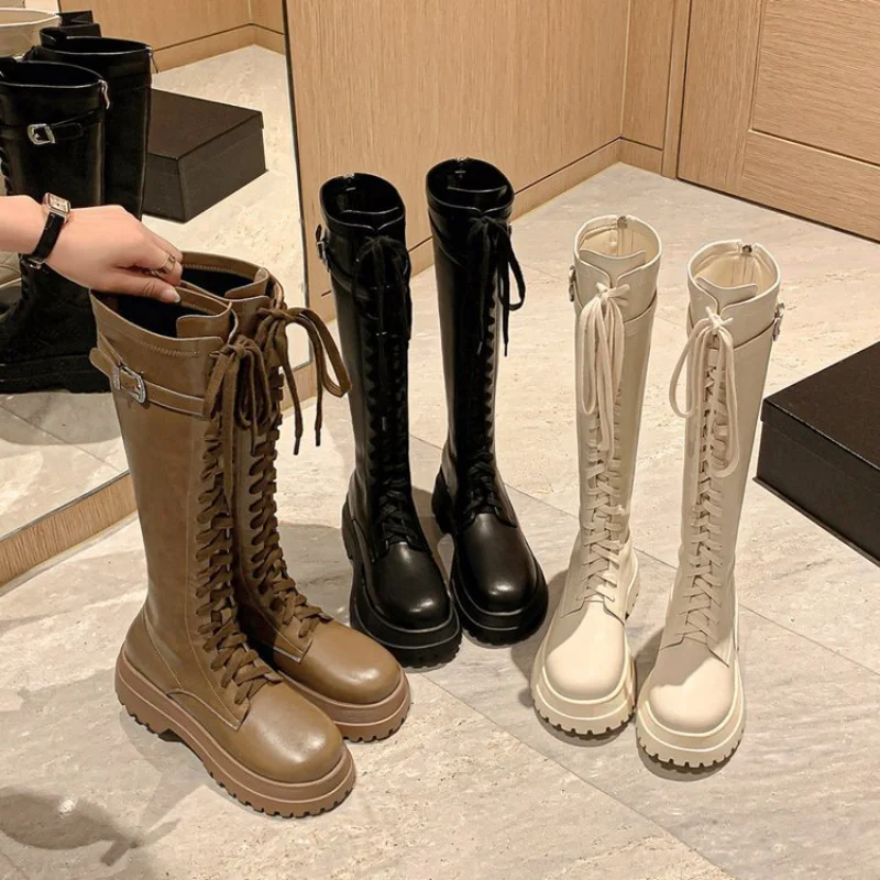 여성용 겨울 나이트 부츠, 무릎 높이 긴 스퀘어 힐, 레트로 두꺼운 오토바이 부츠, 블랙 화이트 보타스 무저, 신상 플랫폼