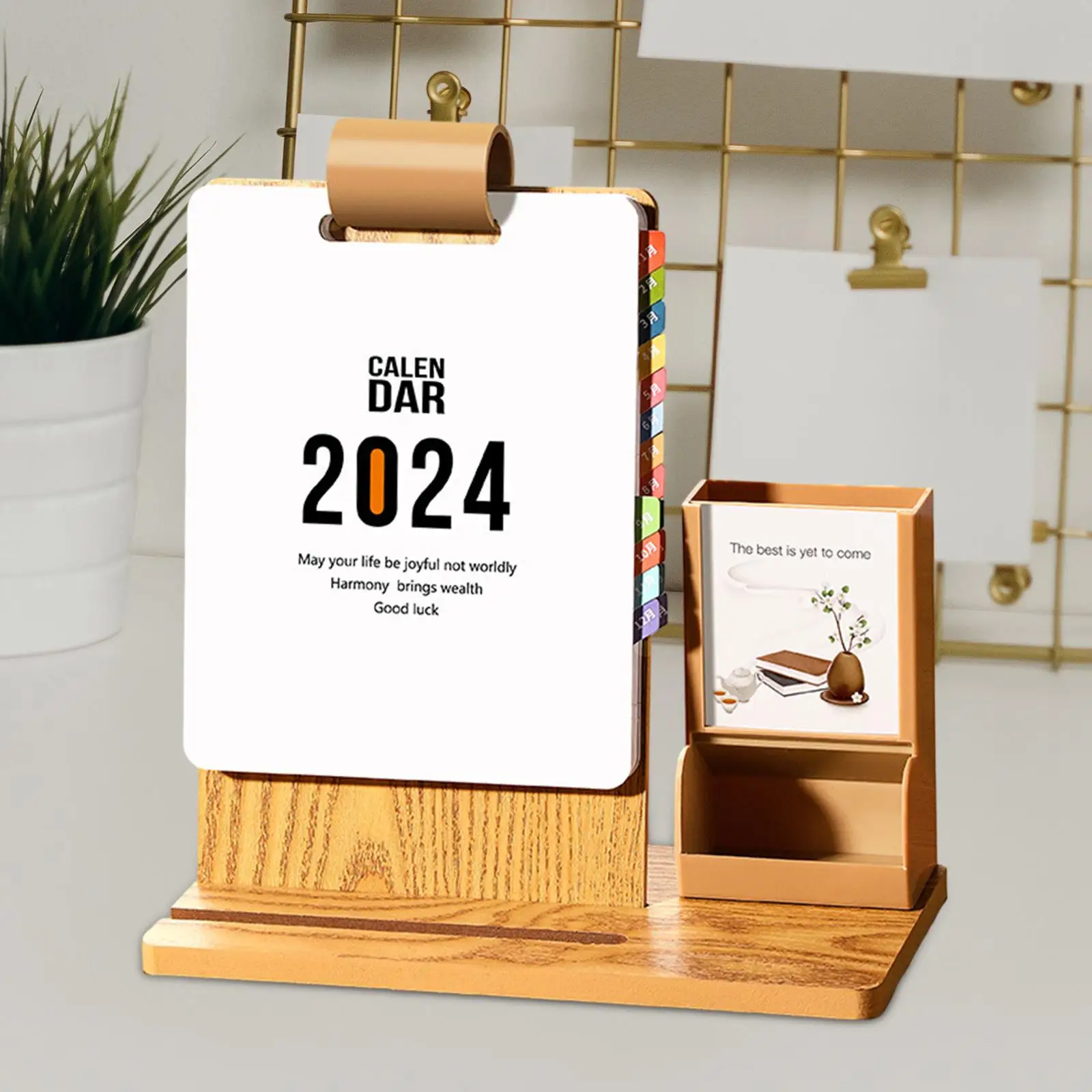2024 Desk Calendar with Pencil Holder 12 Monthly Phone Holder Organizer Wooden Perpetual Calendar for Office Home Desk Dormitory