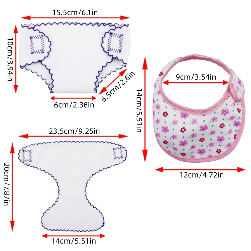 Set of 2 Doll Diaper & Bib Sets for Medium-Sized Baby Dolls