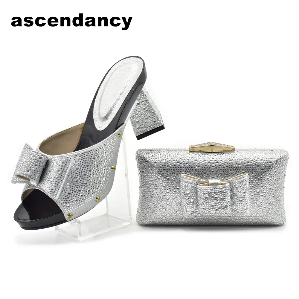 

Серебряный цвет, искусственные туфли и сумки, украшенные искусственной итальянской обувью и сумкой, набор для свадебной нигерийской сумки для обуви