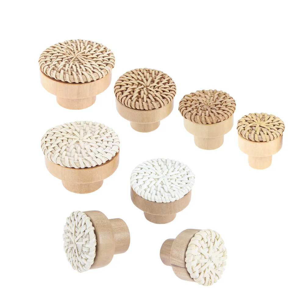 2pcs Rattan Knob w/screws Woven Wicker Round Wood Handle Furniture Pull 30/35/40/45mm White Coffee Cabinet Drawer Kitchen Bath