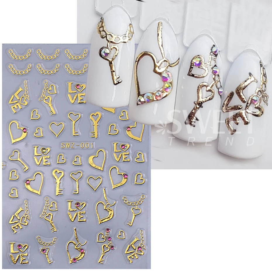 2pcs Bronzing Gold Love Heart Nail Sticker With Rhinestone Irregular Lines Key Y2K Adhesive Decals DIY Charm Manicure Decor Tips