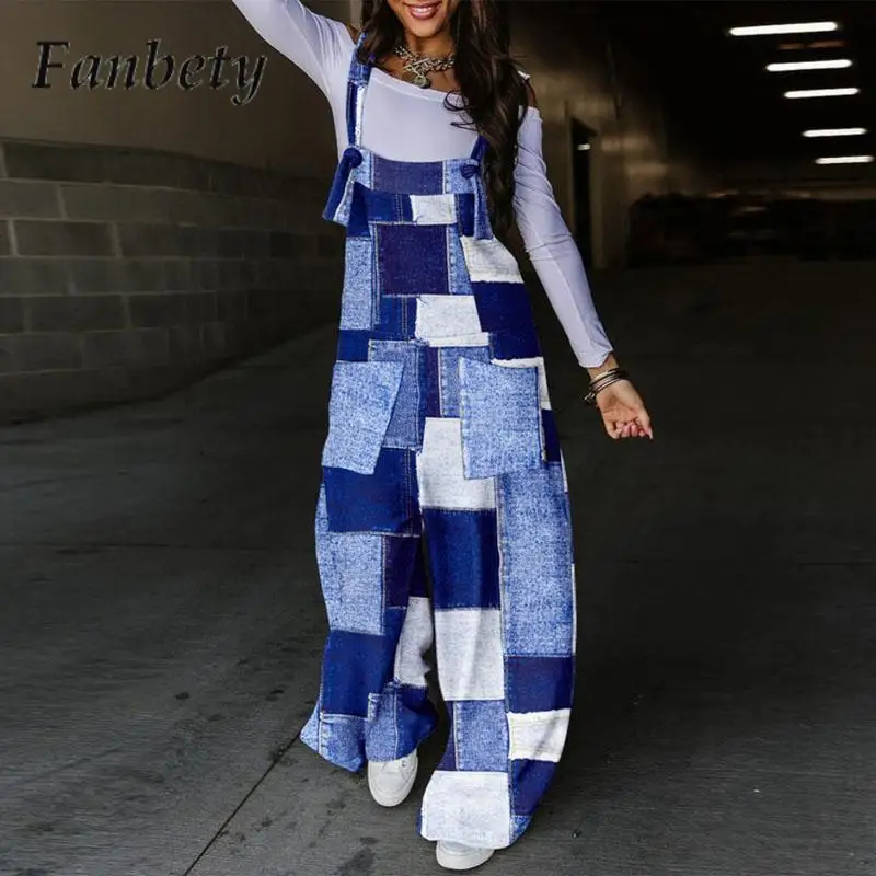 

Autumn Casual Pocket Spliced Wide Leg Pants Set Women Fashion Pattern Print Strap Jumpsuit Vintage Street Loose Pleated Jumpsuit