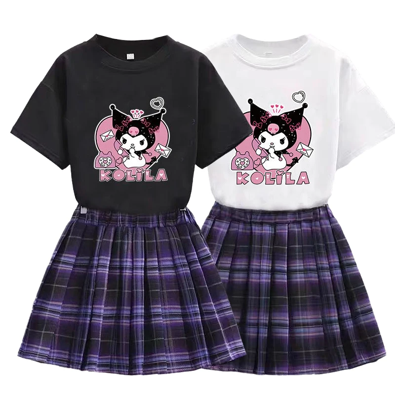 

Sanrio Kuromi Kawaii Girls Clothes kids T-shirt+skirts+Belt Sets for Girl Suit Summer teens Children's Clothes Pleated Skirt