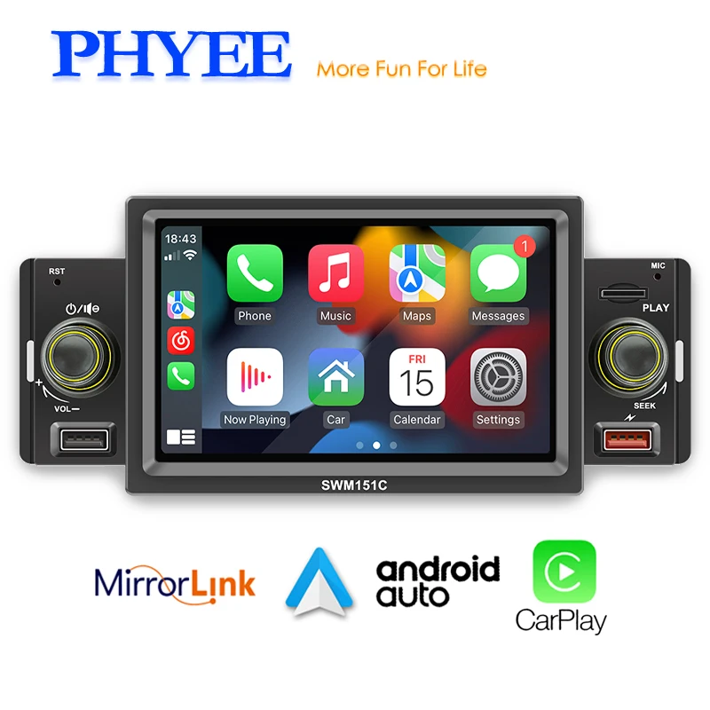 Radio 1DIN Universal GPS FM CarPlay Android Auto Bluetooth USB A2DP