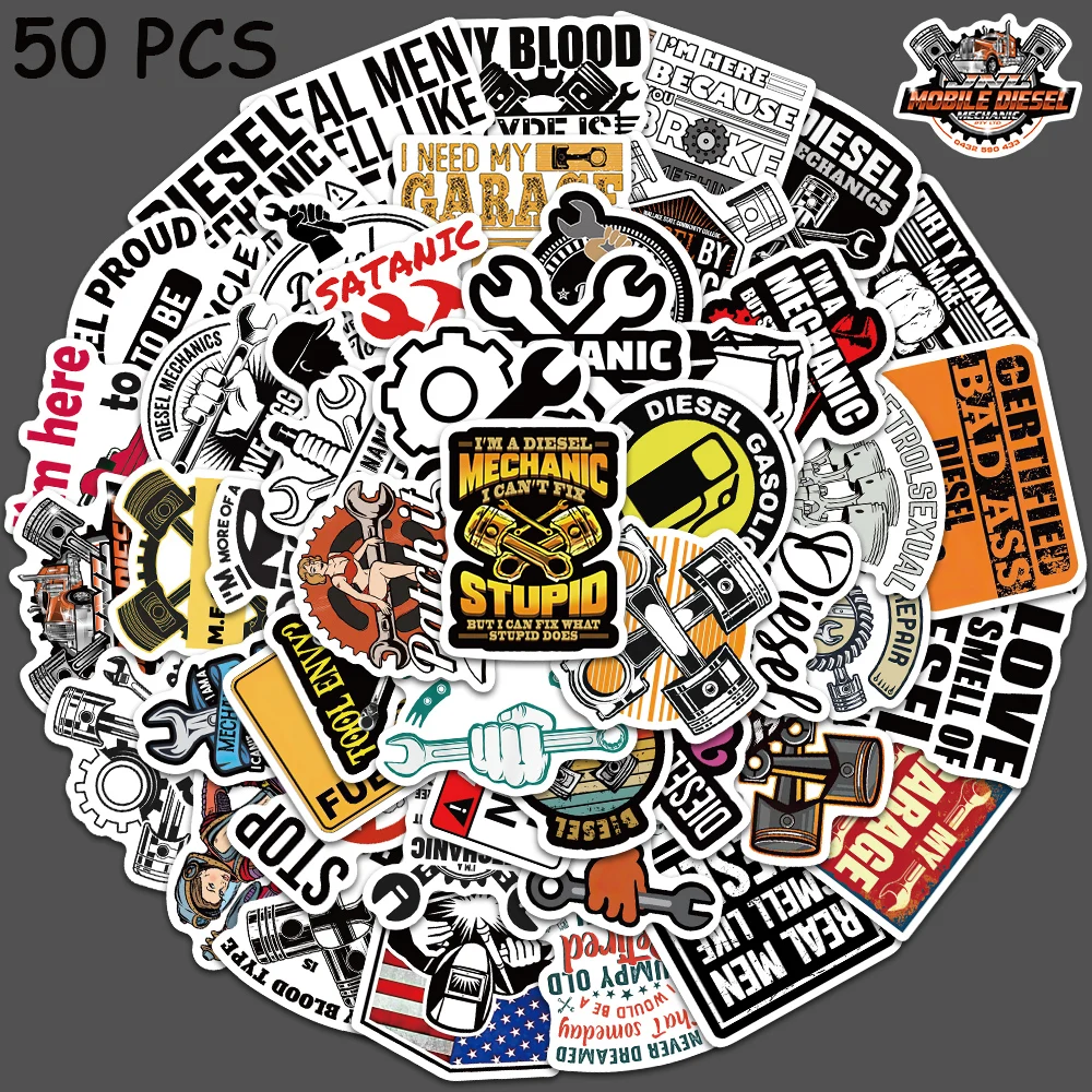 50pcs-Classic-Diesel-Mechanic-Stickers-Funny-Guitar-Luggage-Skateboards ...