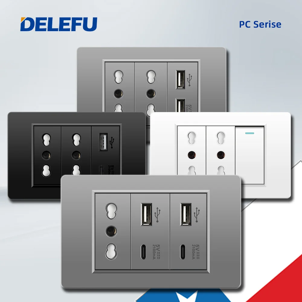 Delefu-itália Padrão pc Painel Light Switch Dual Usb tipo c Chile Tomada de Parede 118 mm 72 mm
