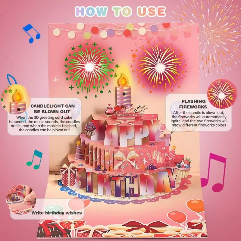 Unique 3D Pop Up Happy Birthday Card Auto Musical Greeting Card With Blowable LED Light Candle Birthday Cake Gifts
